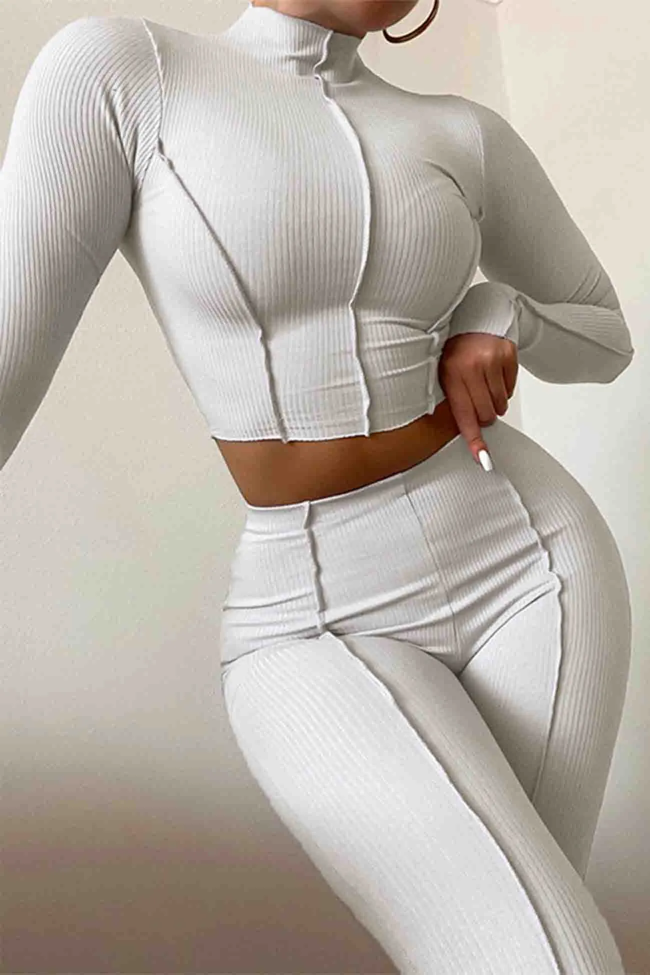 Long Sleeve Half Turtleneck Crop Top Long Pants Set