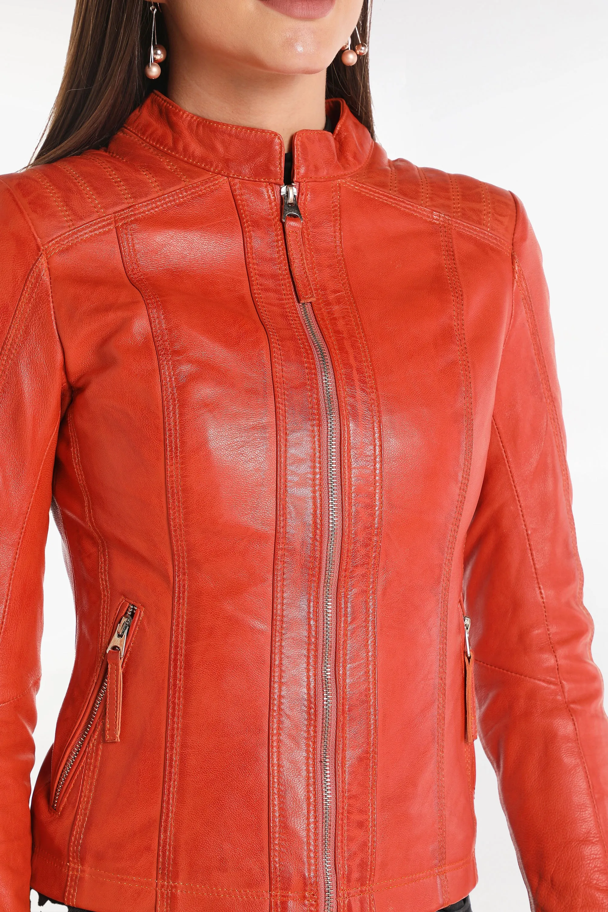 Luna Women's Genuine Leather Jacket - Orange