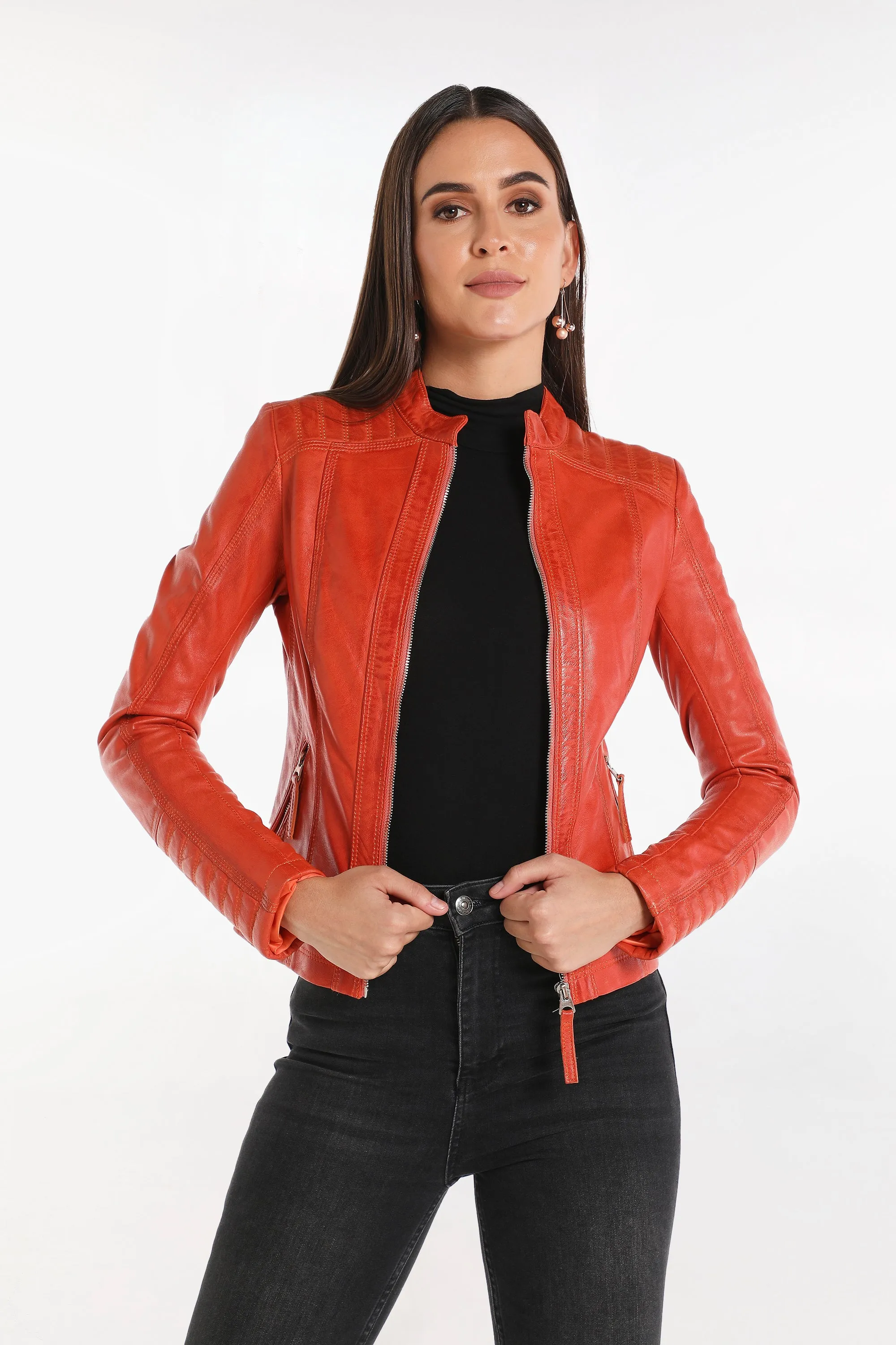 Luna Women's Genuine Leather Jacket - Orange