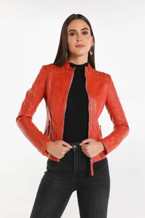 Luna Women's Genuine Leather Jacket - Orange