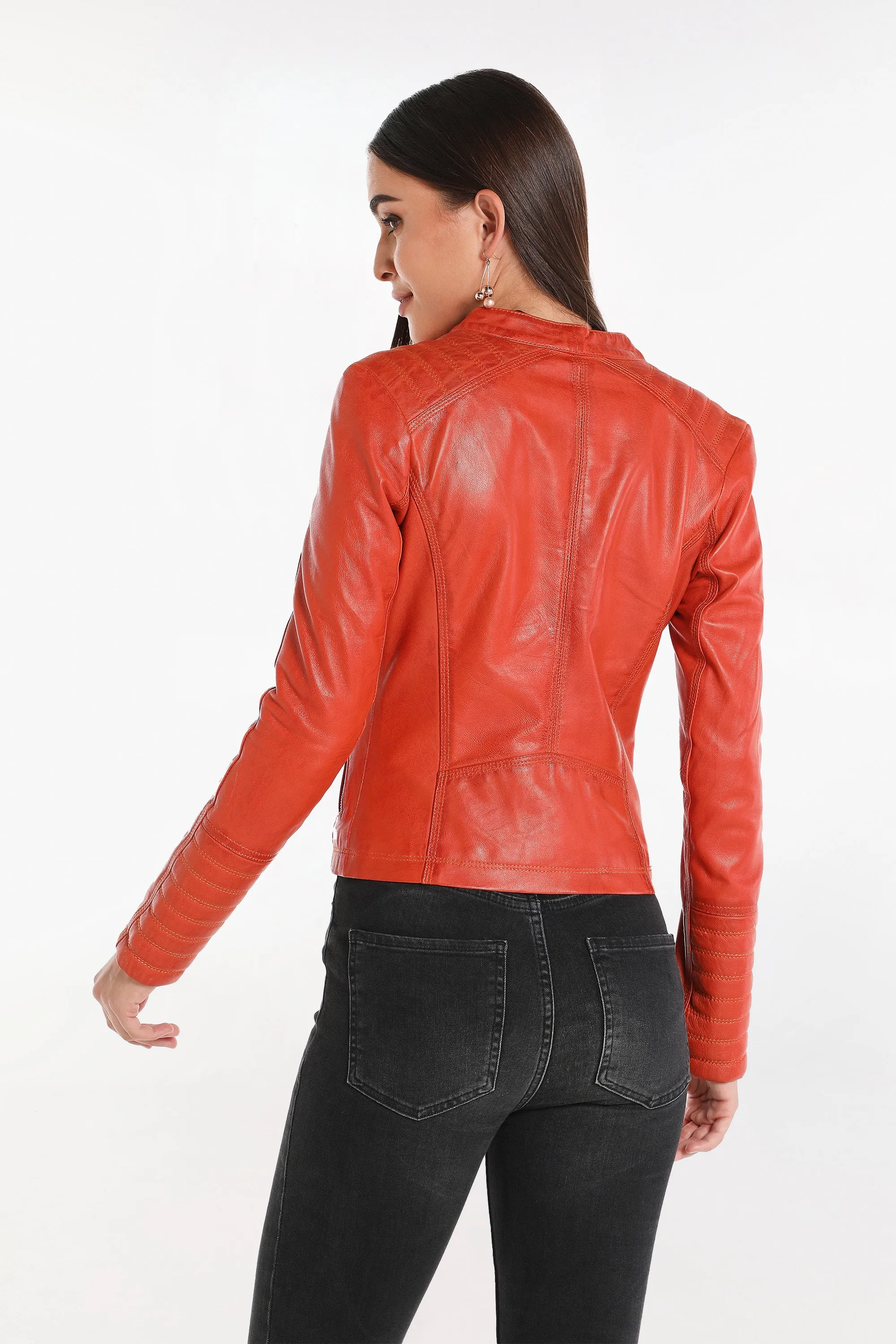 Luna Women's Genuine Leather Jacket - Orange