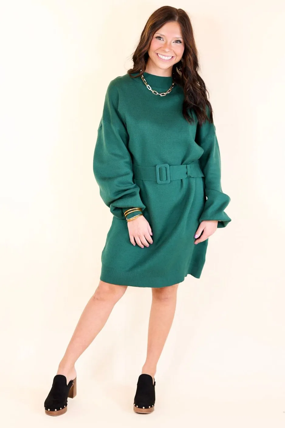 Luxurious Life Sweater Dress with Belt in Hunter Green