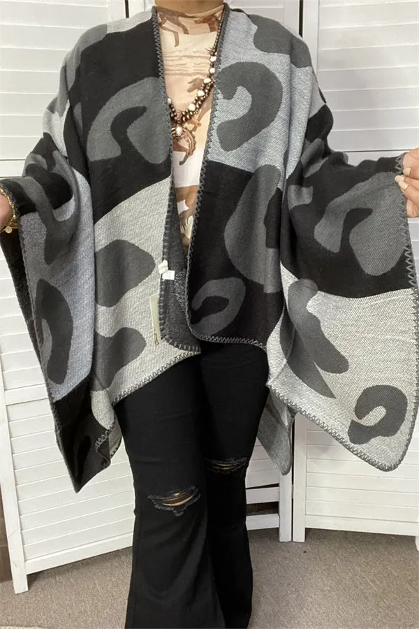 LW11398 Leopard grey & black color block women shawl