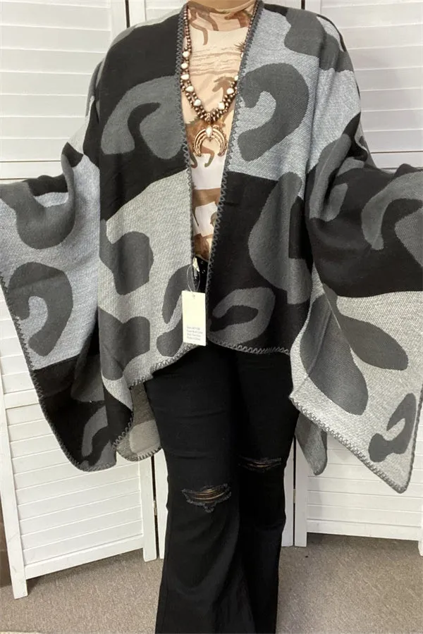 LW11398 Leopard grey & black color block women shawl