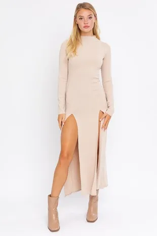 Make a Move Beige Long Sleeve Sweater Dress