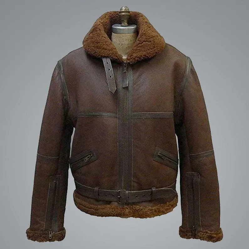 Men's B3 Aviator RAF Shearling Flight Brown Bomber Leather Jacket