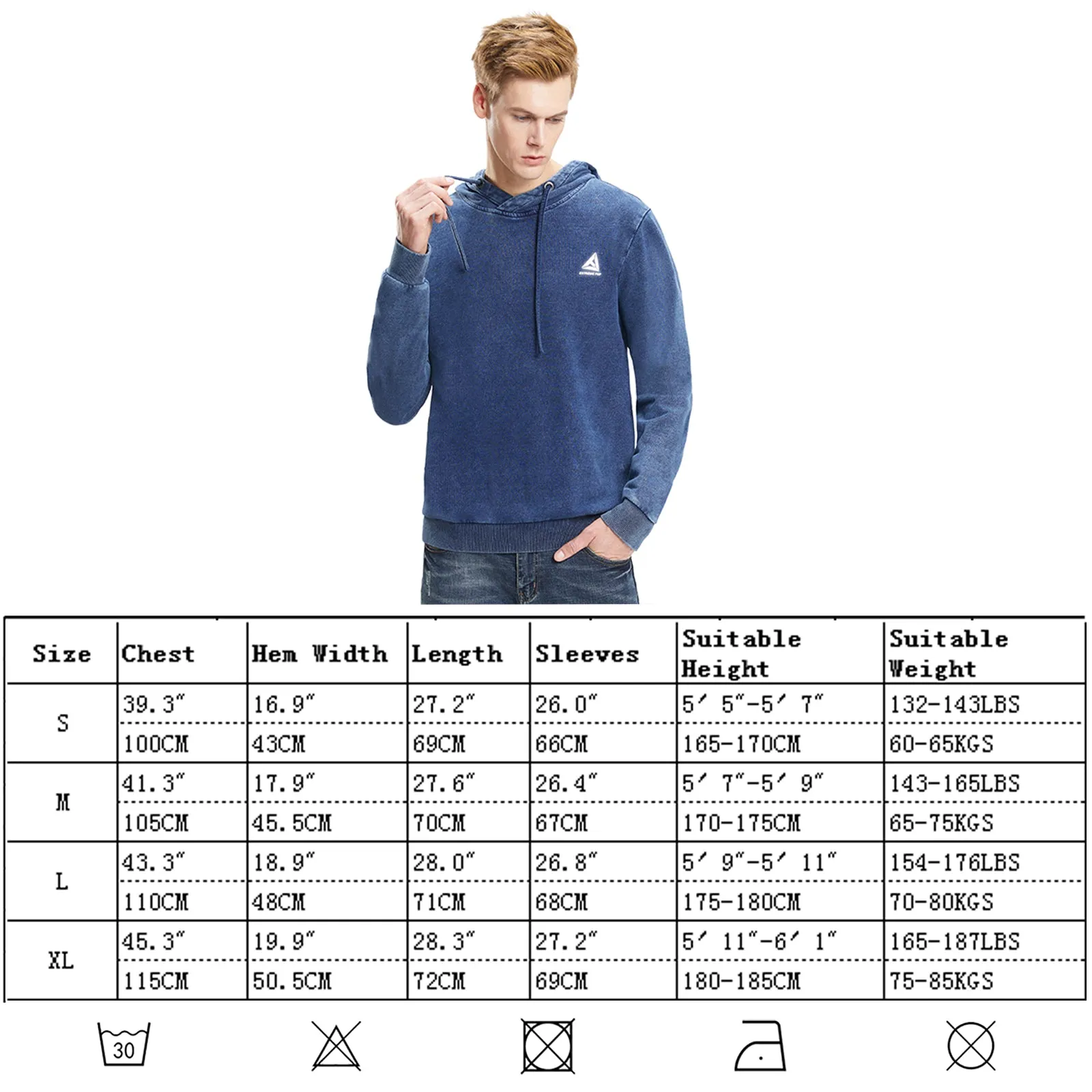 Mens Pullover Hoodie Denim Wash Terry Reflective Print Sweatshirts