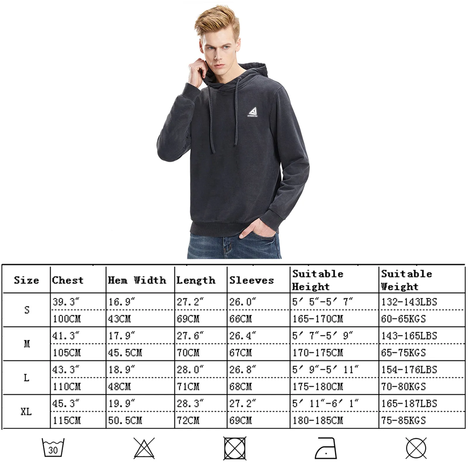 Mens Pullover Hoodie Denim Wash Terry Reflective Print Sweatshirts