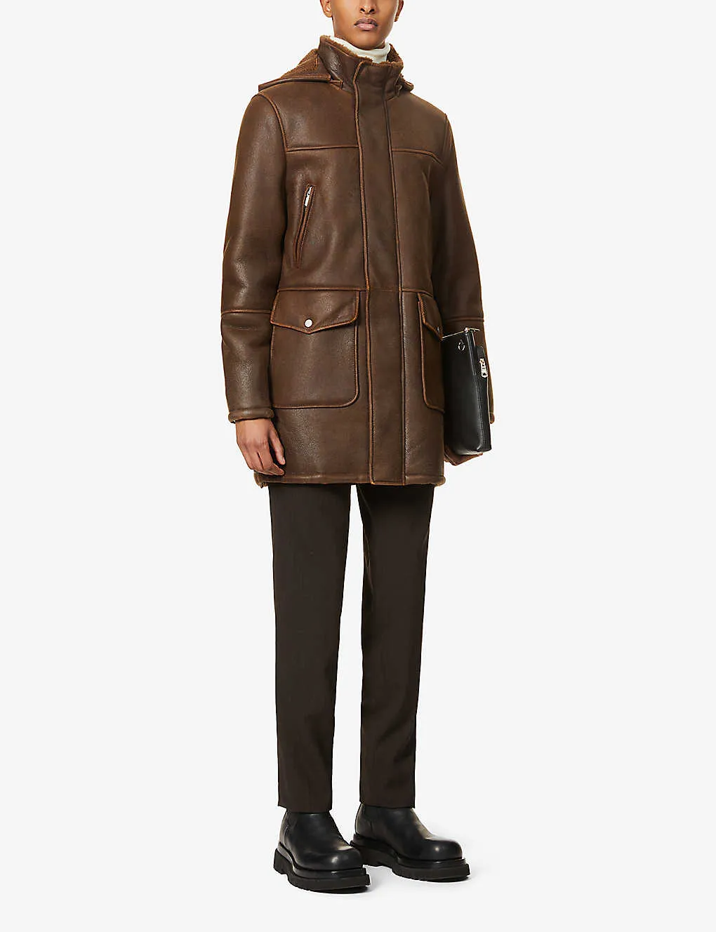 Men's Removable Hooded Brown Leather Shearling Trench Coat