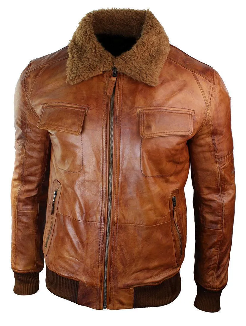 Men's Rust Brown B3 Bomber Aviator Leather Jacket with Fur Collar