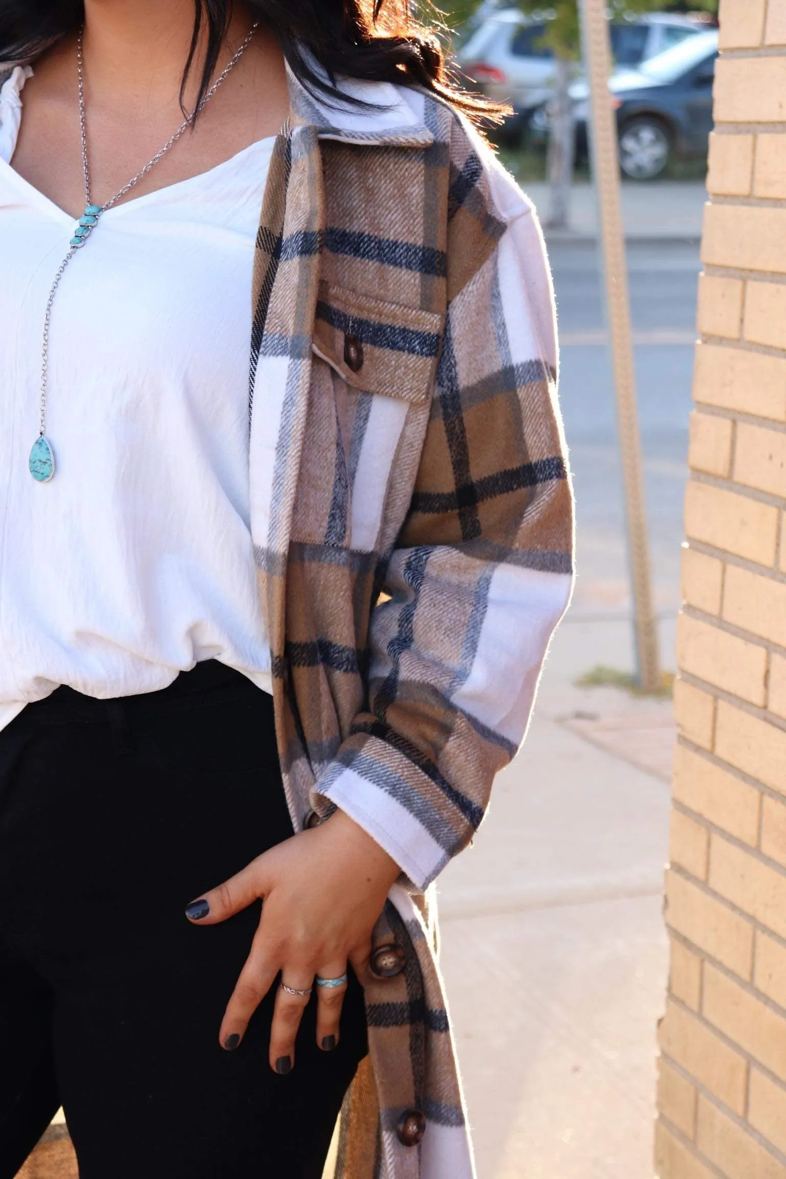 Meredith Long Plaid Jacket - Tan