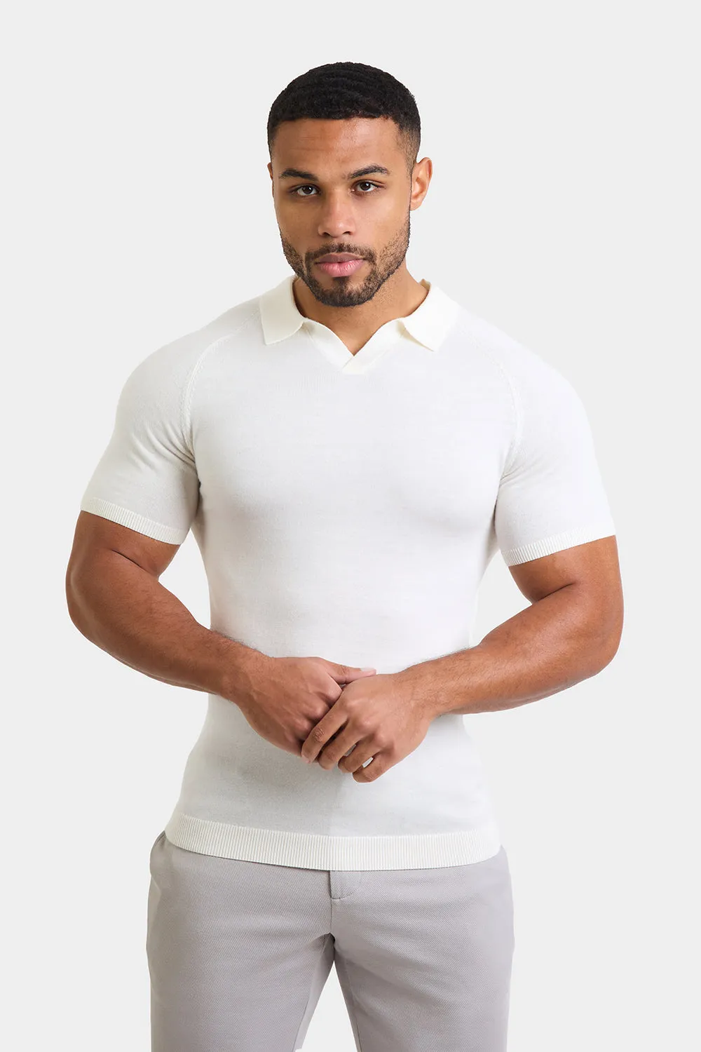 Merino Open Collar Knitted Polo in Chalk