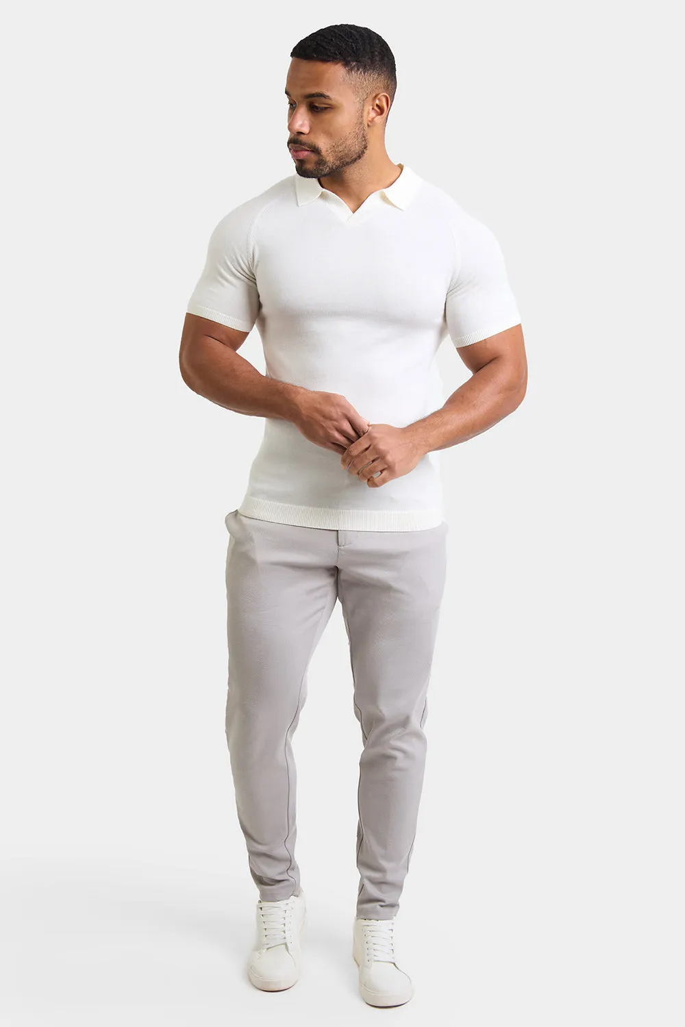 Merino Open Collar Knitted Polo in Chalk