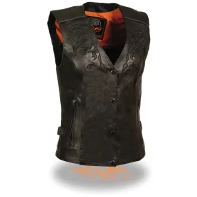 Milwaukee Leather ML1296 Women's Black Leather Side Laced Motorcycle Vest w/ Reflective Tribal