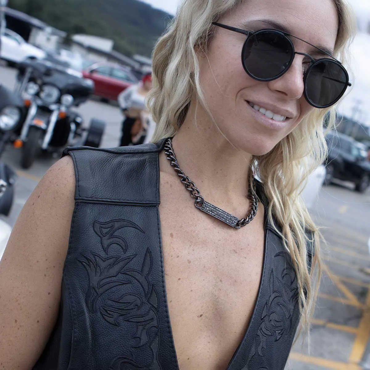 Milwaukee Leather ML1296 Women's Black Leather Side Laced Motorcycle Vest w/ Reflective Tribal