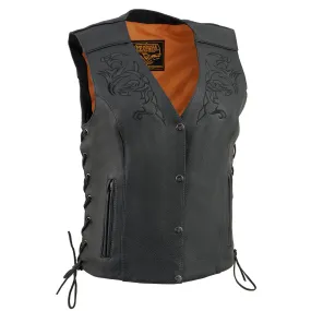 Milwaukee Leather ML1296 Women's Black Leather Side Laced Motorcycle Vest w/ Reflective Tribal