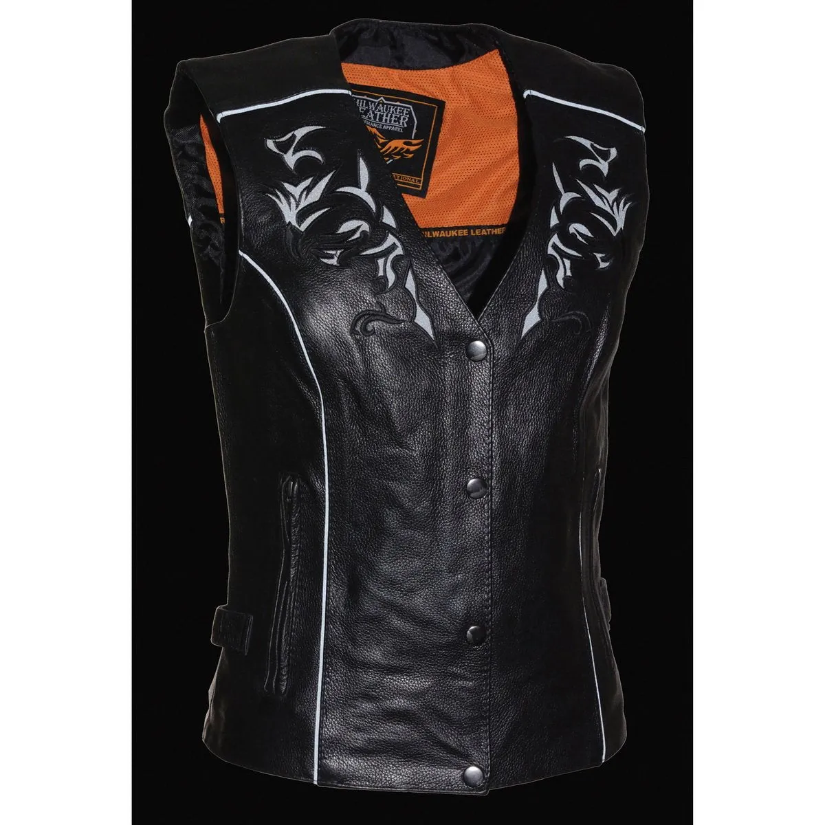 Milwaukee Leather ML1296 Women's Black Leather Side Laced Motorcycle Vest w/ Reflective Tribal