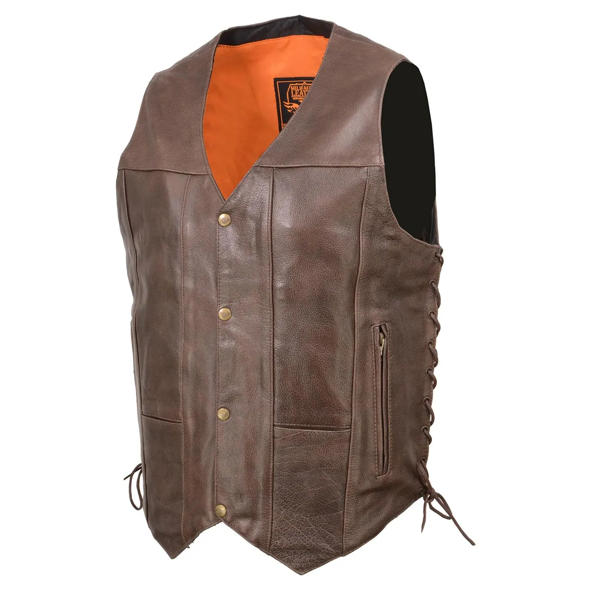 Milwaukee Leather ML1391RT Men's Retro Brown Leather Vest- 10 Pockets Side Lace 4-Snap V-Neck Motorcycle Rider Vest