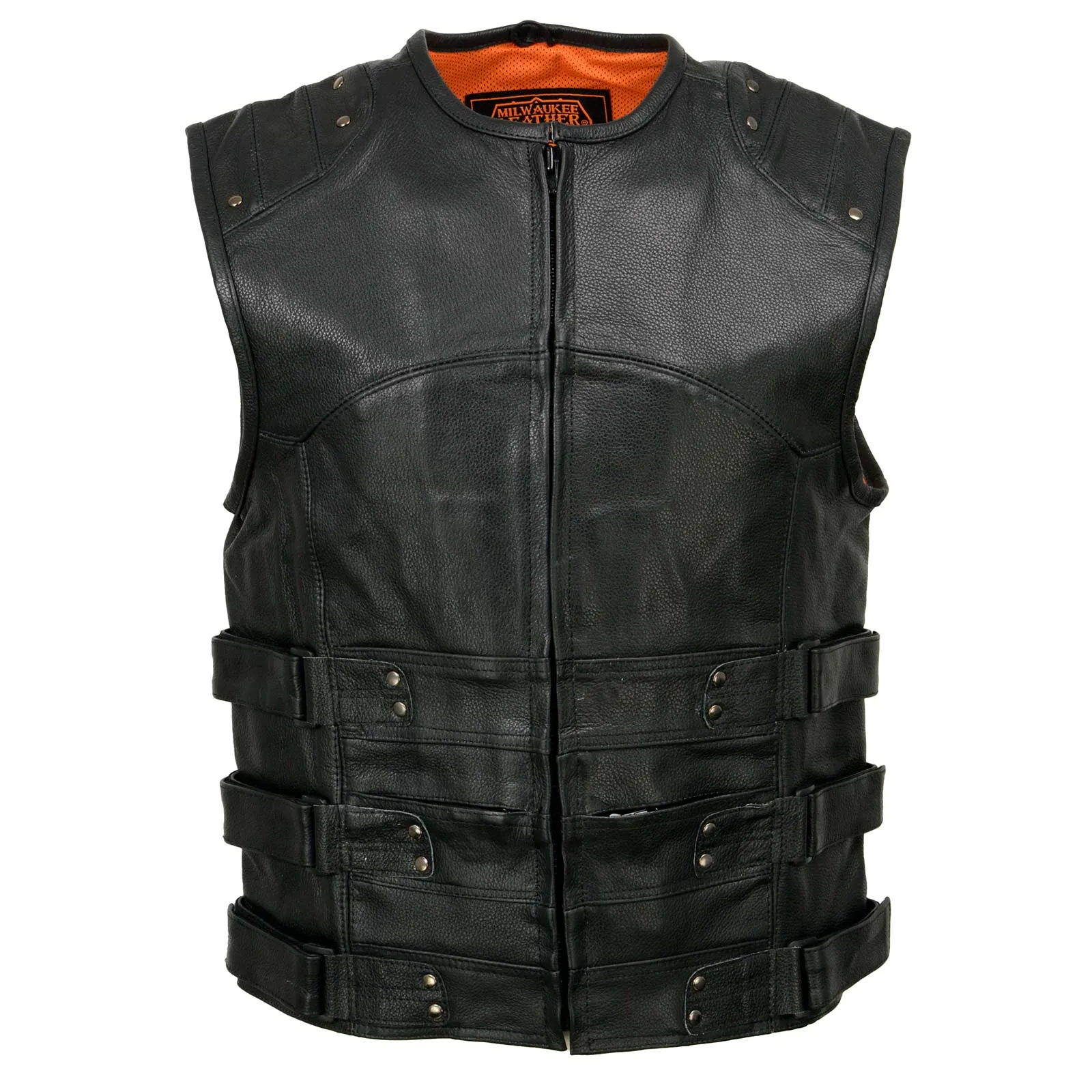 Milwaukee Leather MLM3530 Men's Black Swat Tactical Style Leather Vest Club Patch Accessible Single Panel Back Vest