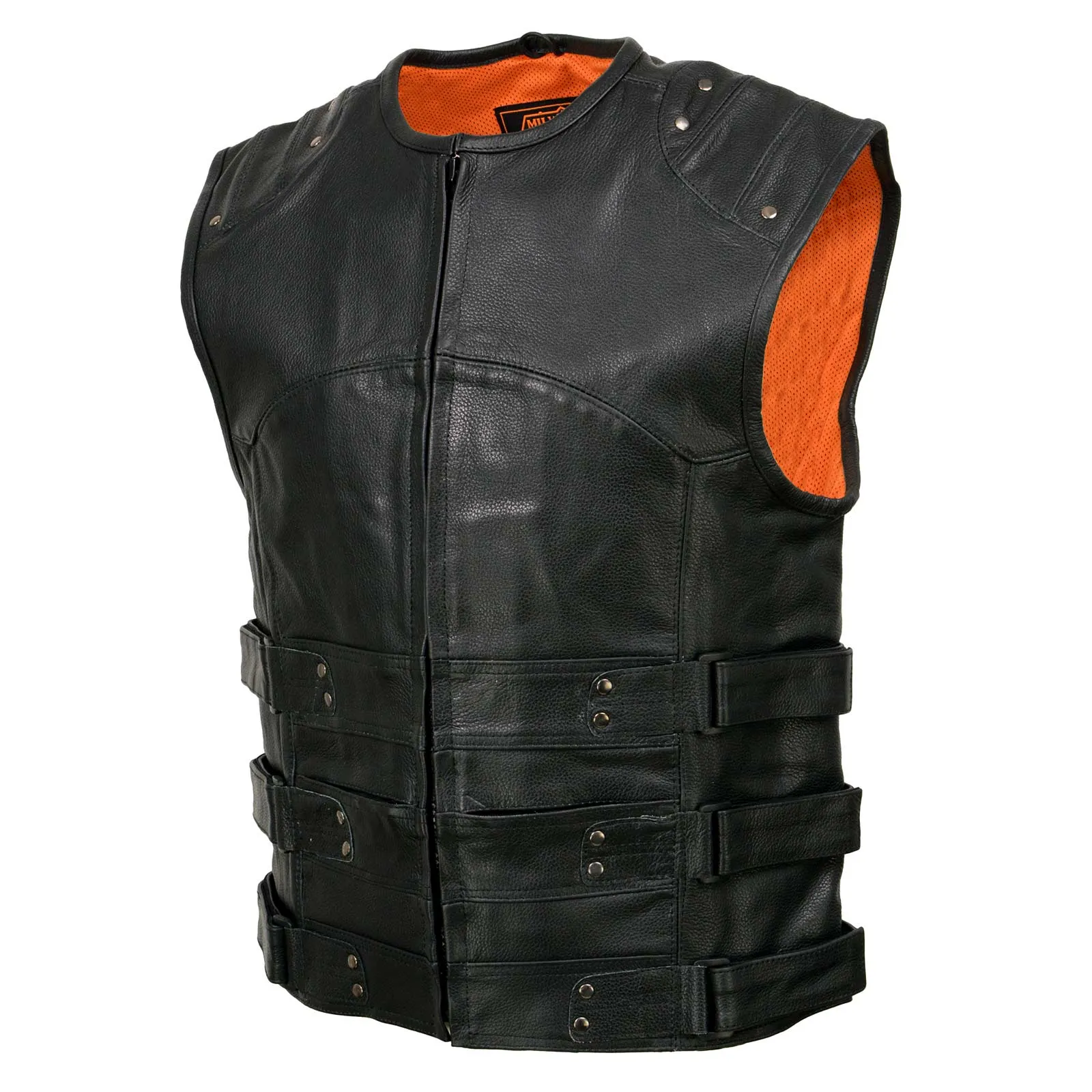 Milwaukee Leather MLM3530 Men's Black Swat Tactical Style Leather Vest Club Patch Accessible Single Panel Back Vest