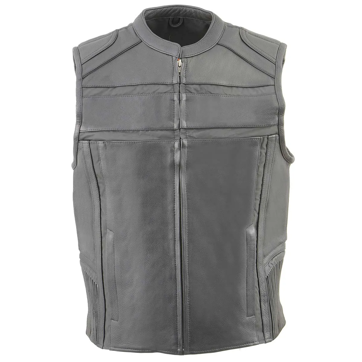 Milwaukee Leather MLM3560 Men's Black Leather Vest - Reflective Piping Elasticized Waist Open Neck Motorcycle Vest