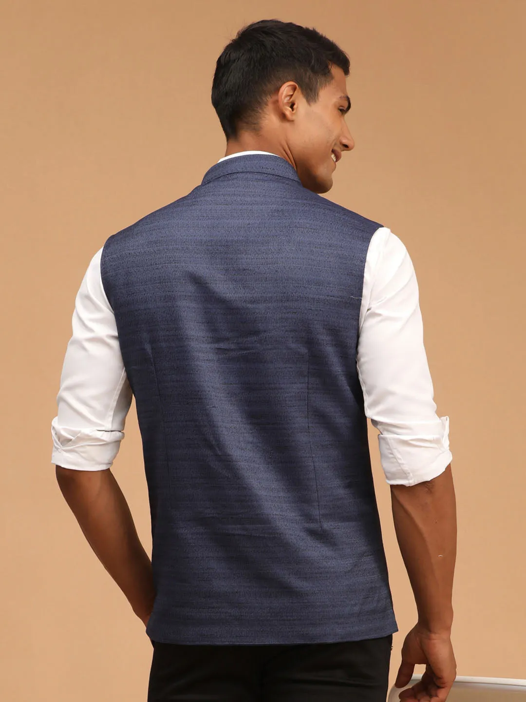 Navy Blue Solid Nehru Jacket Cotton Blend