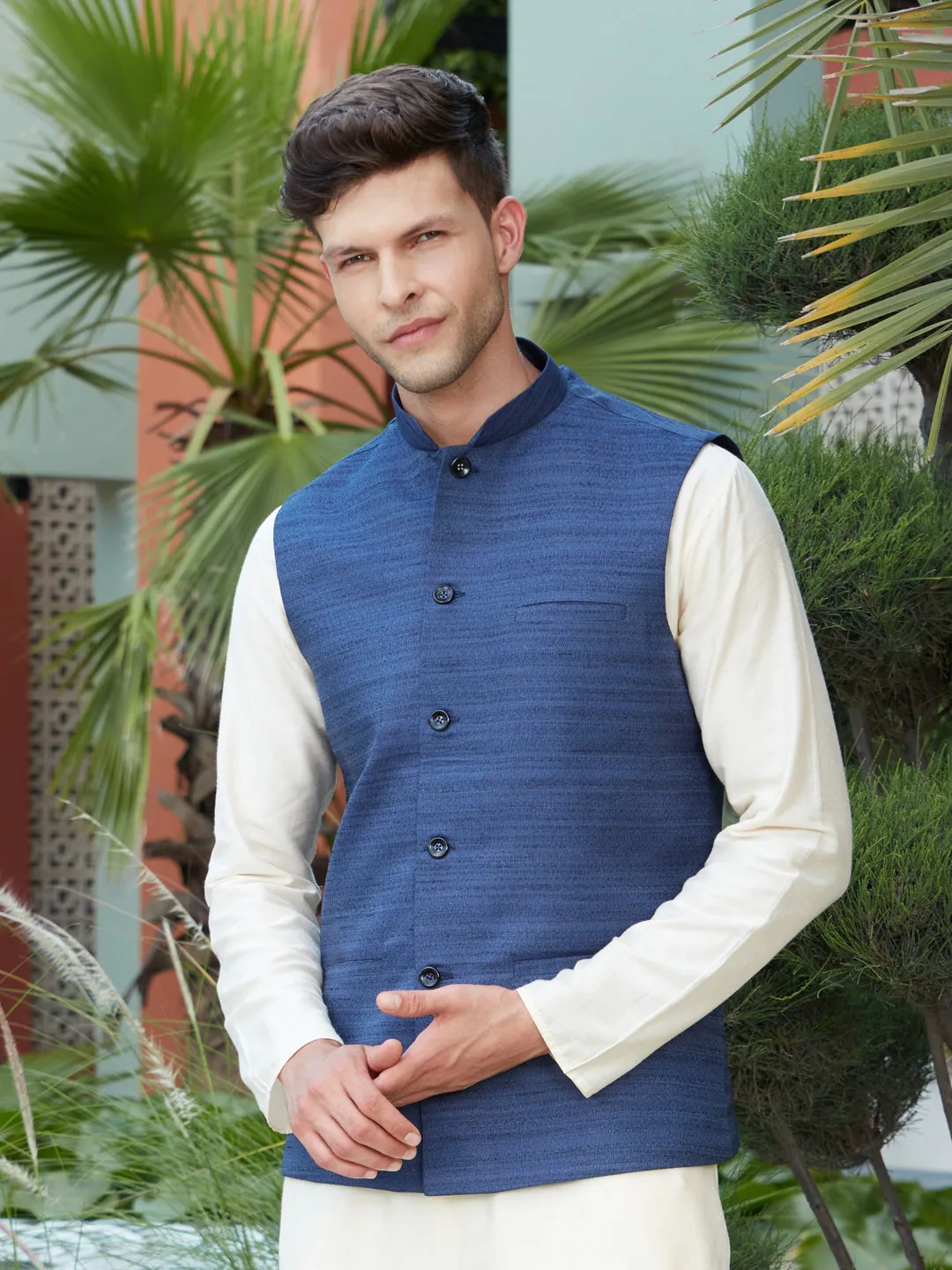 Navy Blue Solid Nehru Jacket Cotton Blend