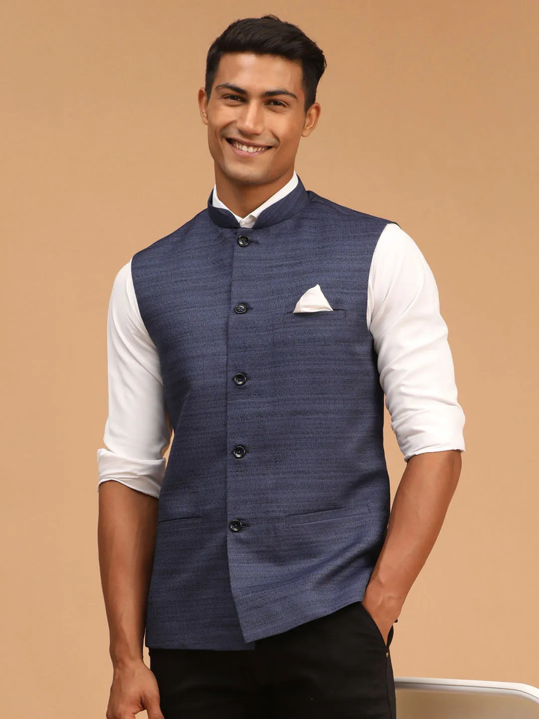 Navy Blue Solid Nehru Jacket Cotton Blend