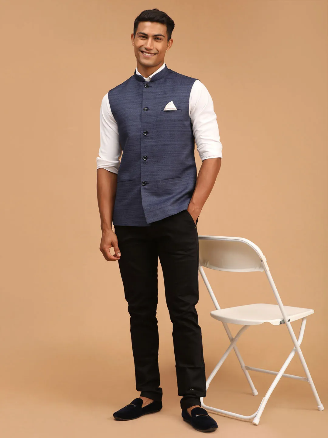 Navy Blue Solid Nehru Jacket Cotton Blend