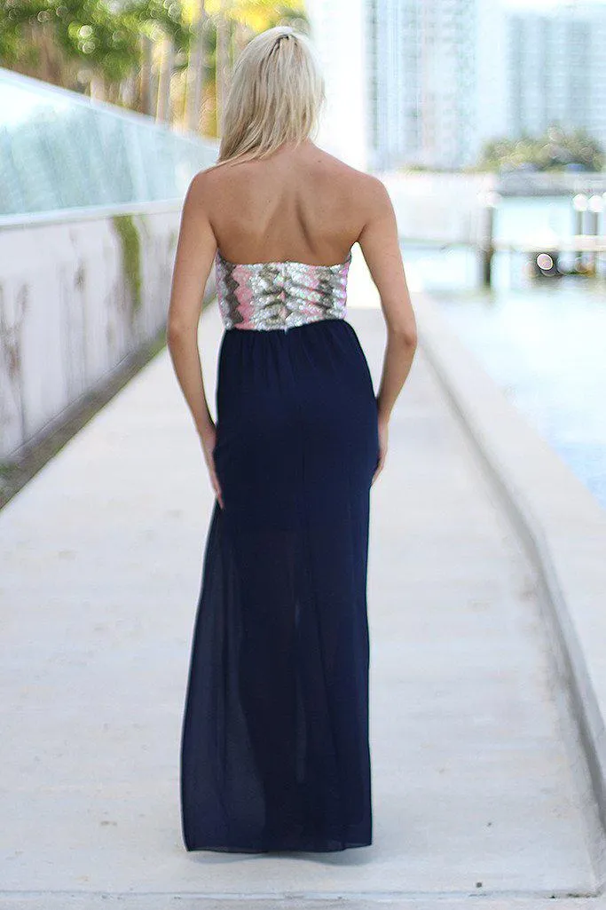 Navy Strapless Maxi Dress with Sequin Top