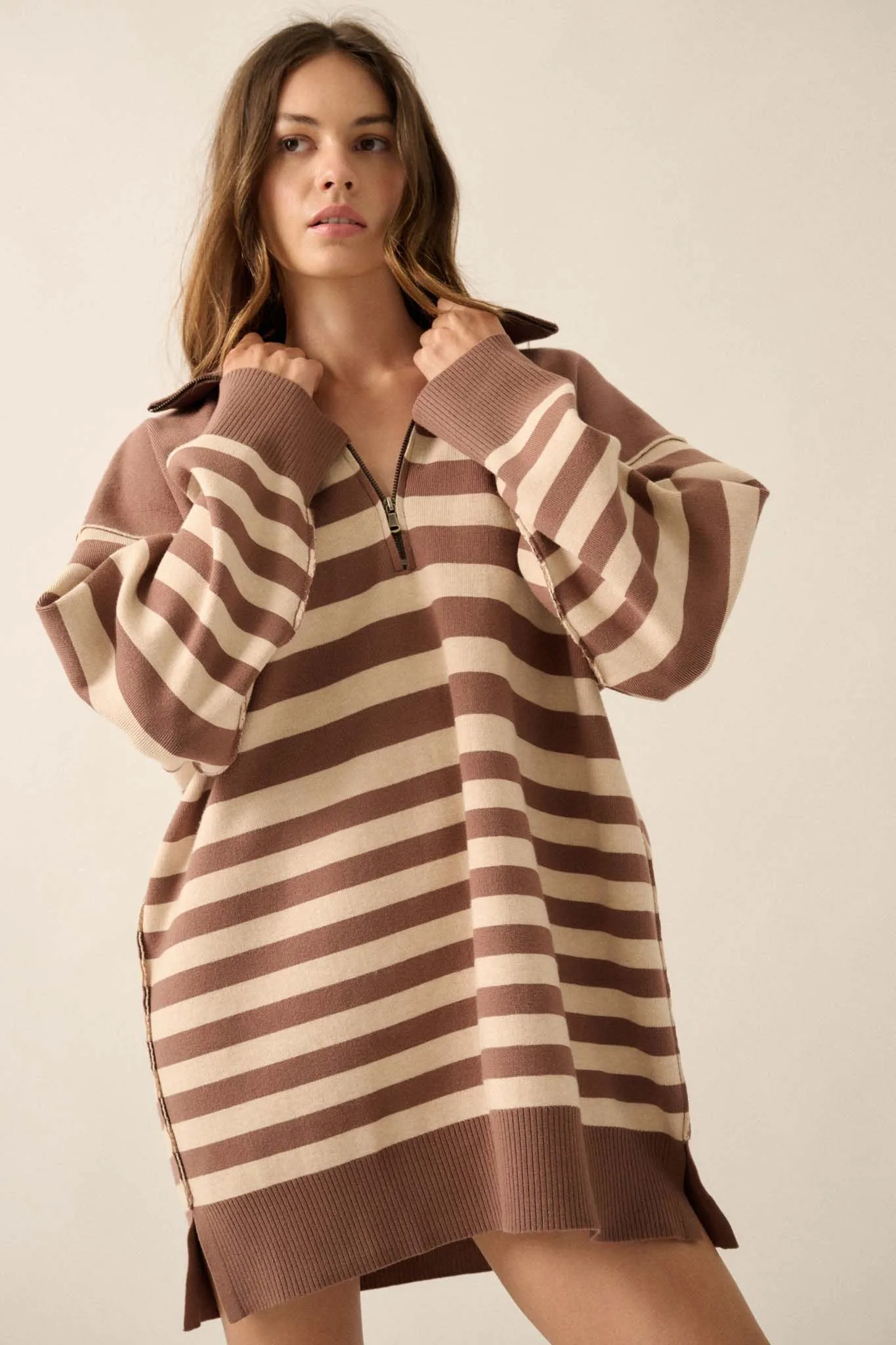 New Horizon Striped Half-Zip Mini Sweater Dress