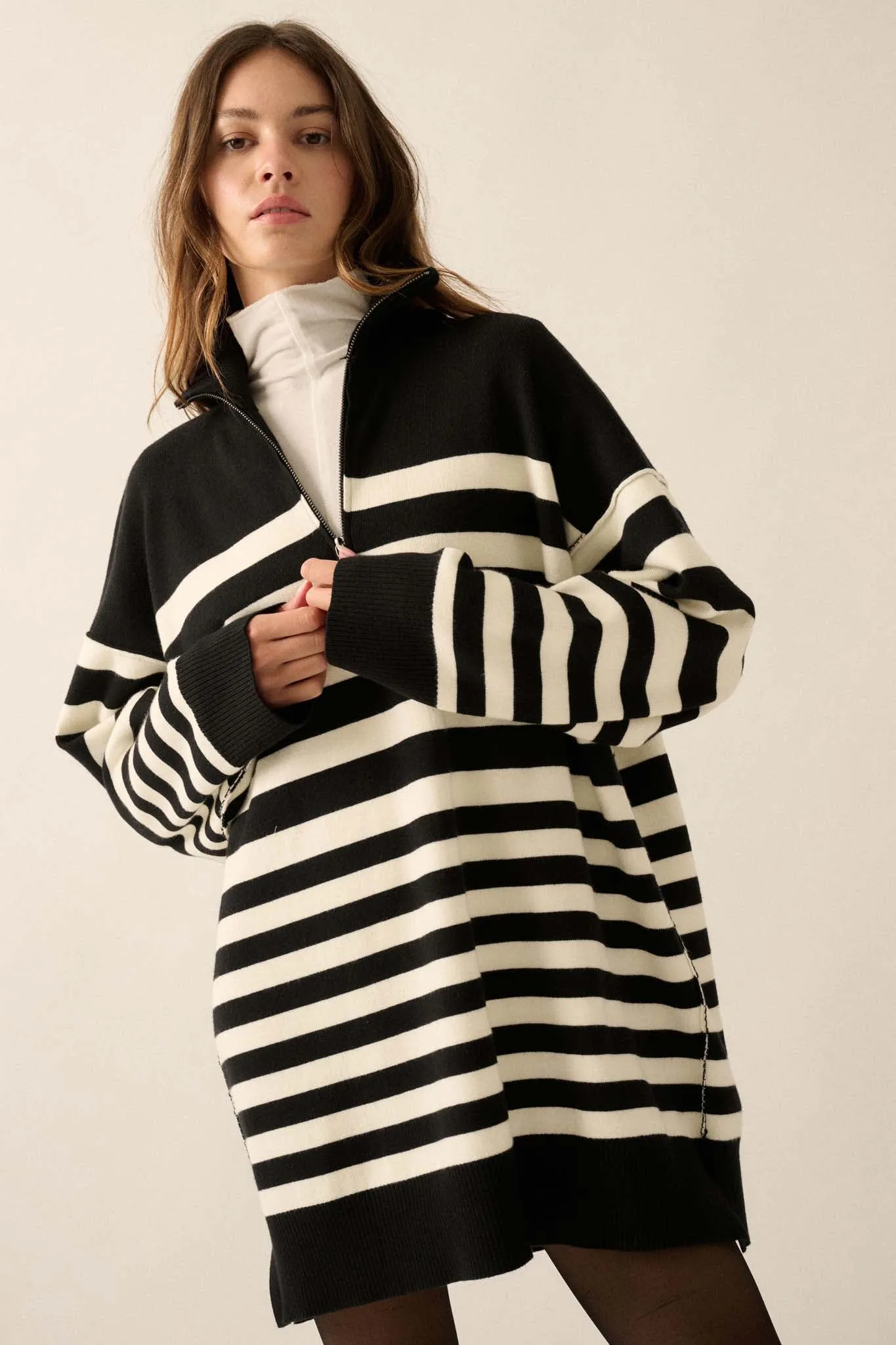 New Horizon Striped Half-Zip Mini Sweater Dress