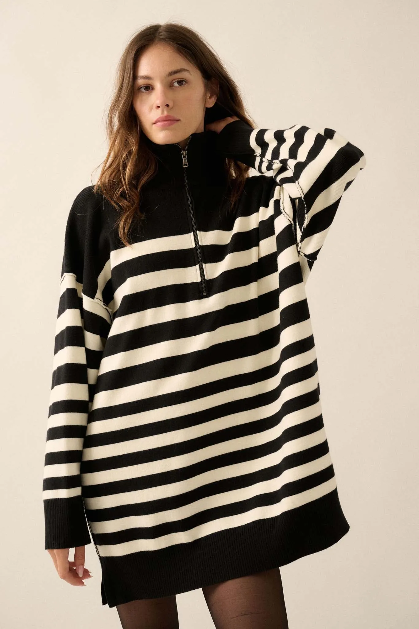 New Horizon Striped Half-Zip Mini Sweater Dress