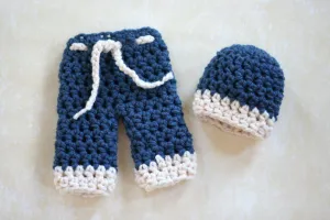 Newborn Pants and Hat Set Denim Blue White