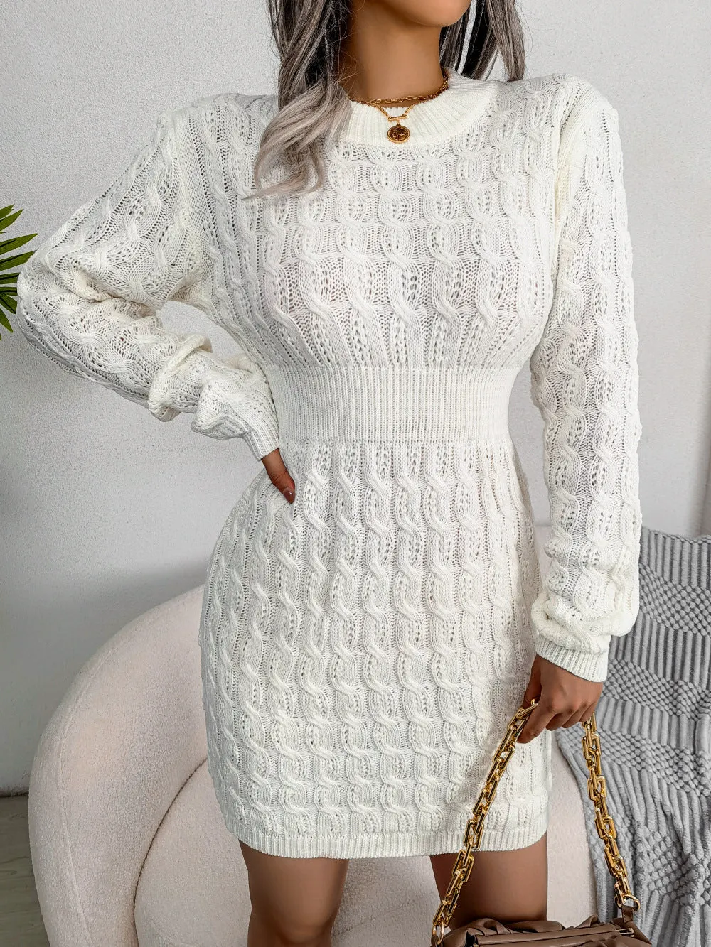 O Neck Casual Twist Waist Sweater Dress