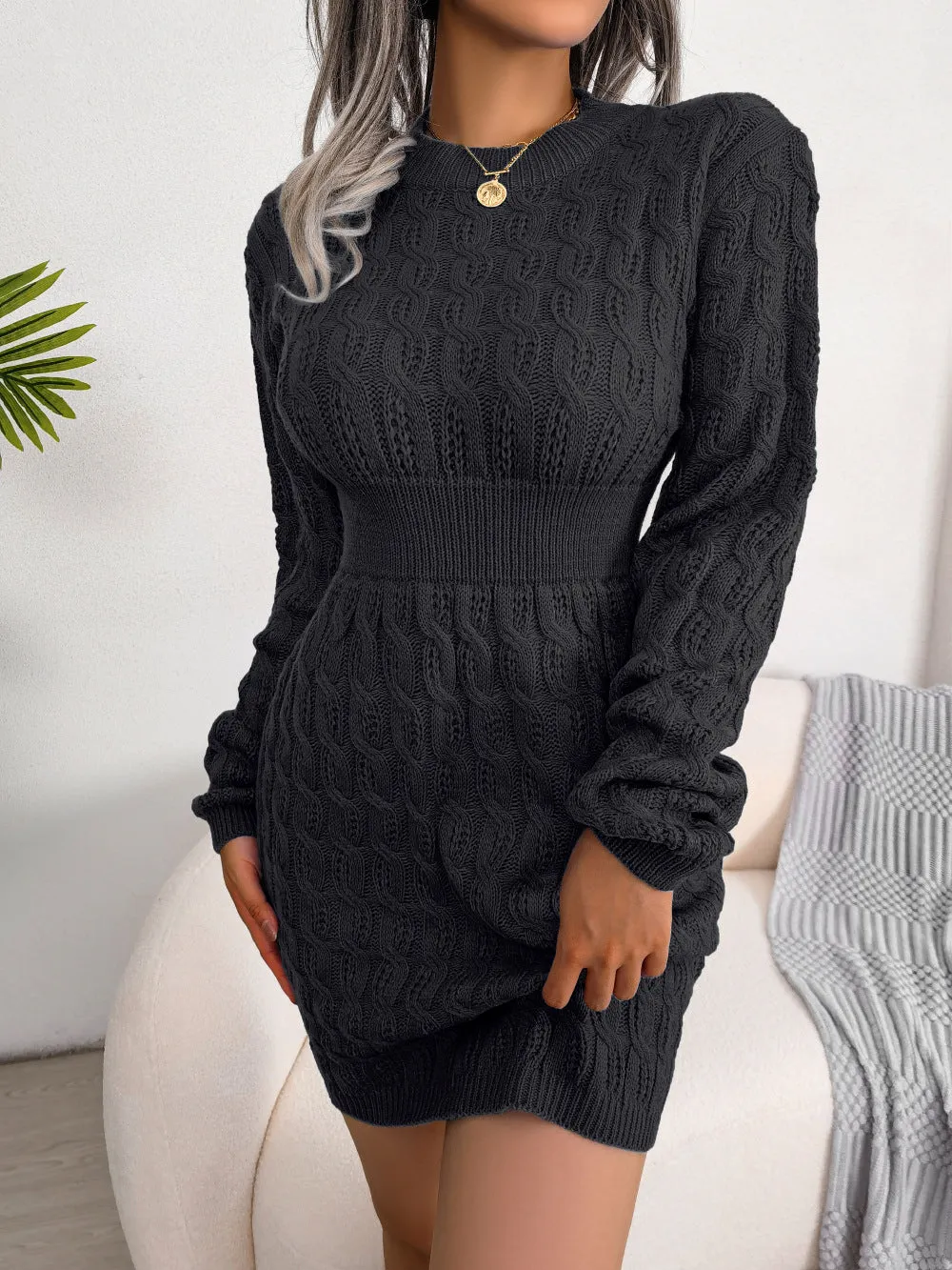 O Neck Casual Twist Waist Sweater Dress