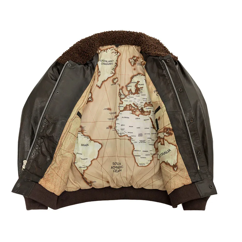 Old World Map Bomber Jacket Brown