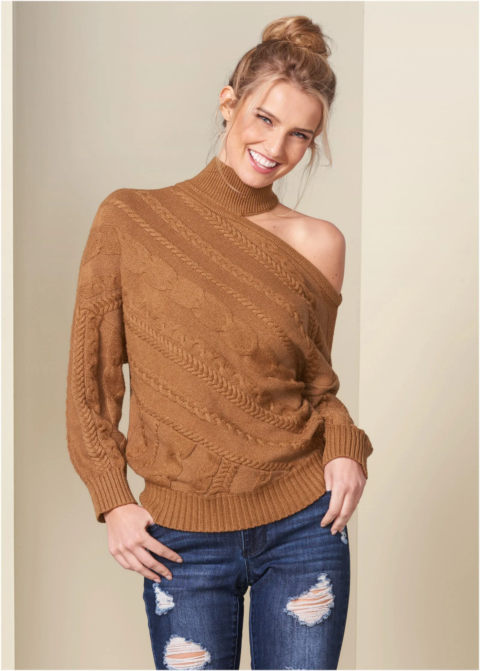 One-Shoulder Turtleneck Sweater - Brown