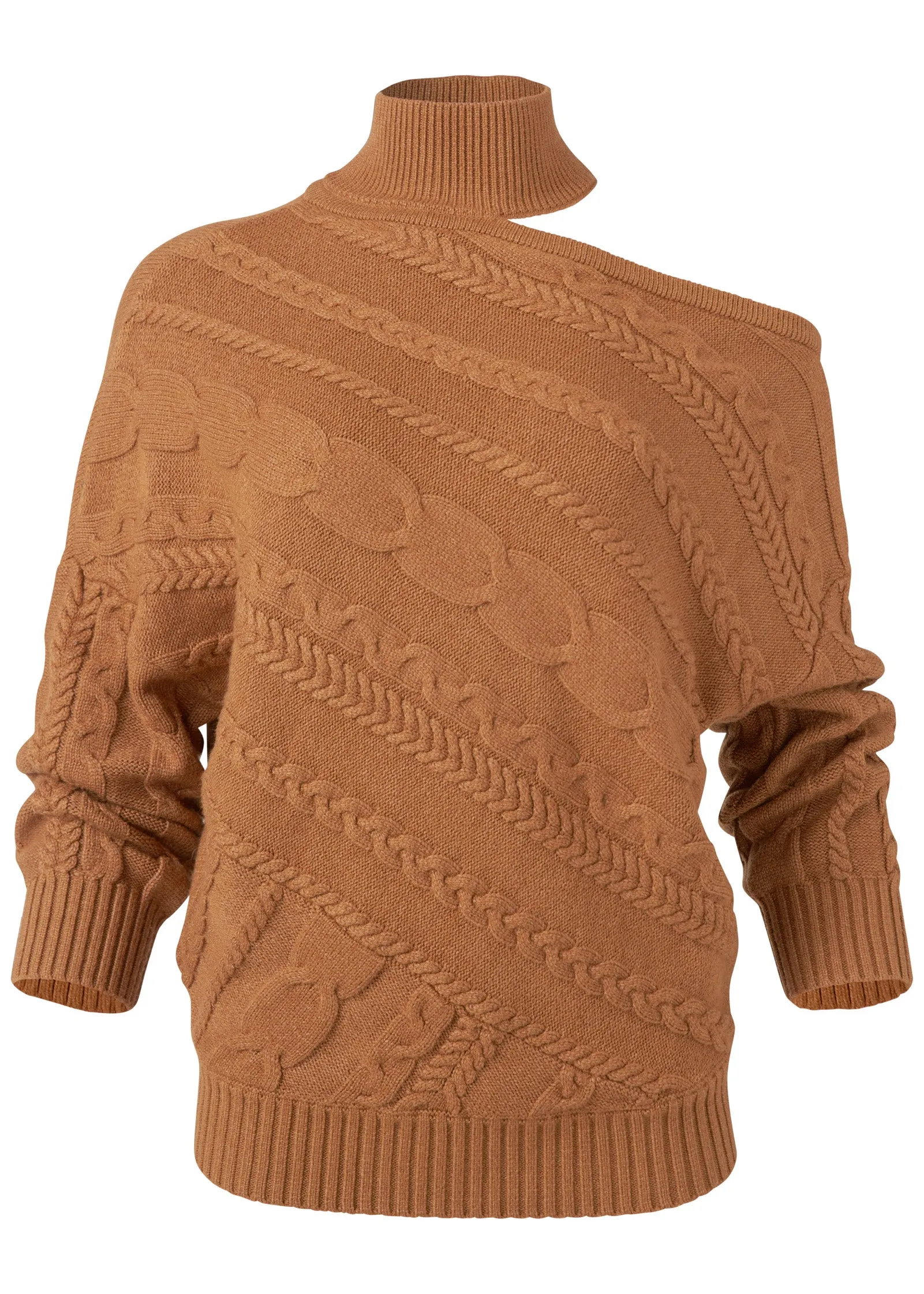 One-Shoulder Turtleneck Sweater - Brown