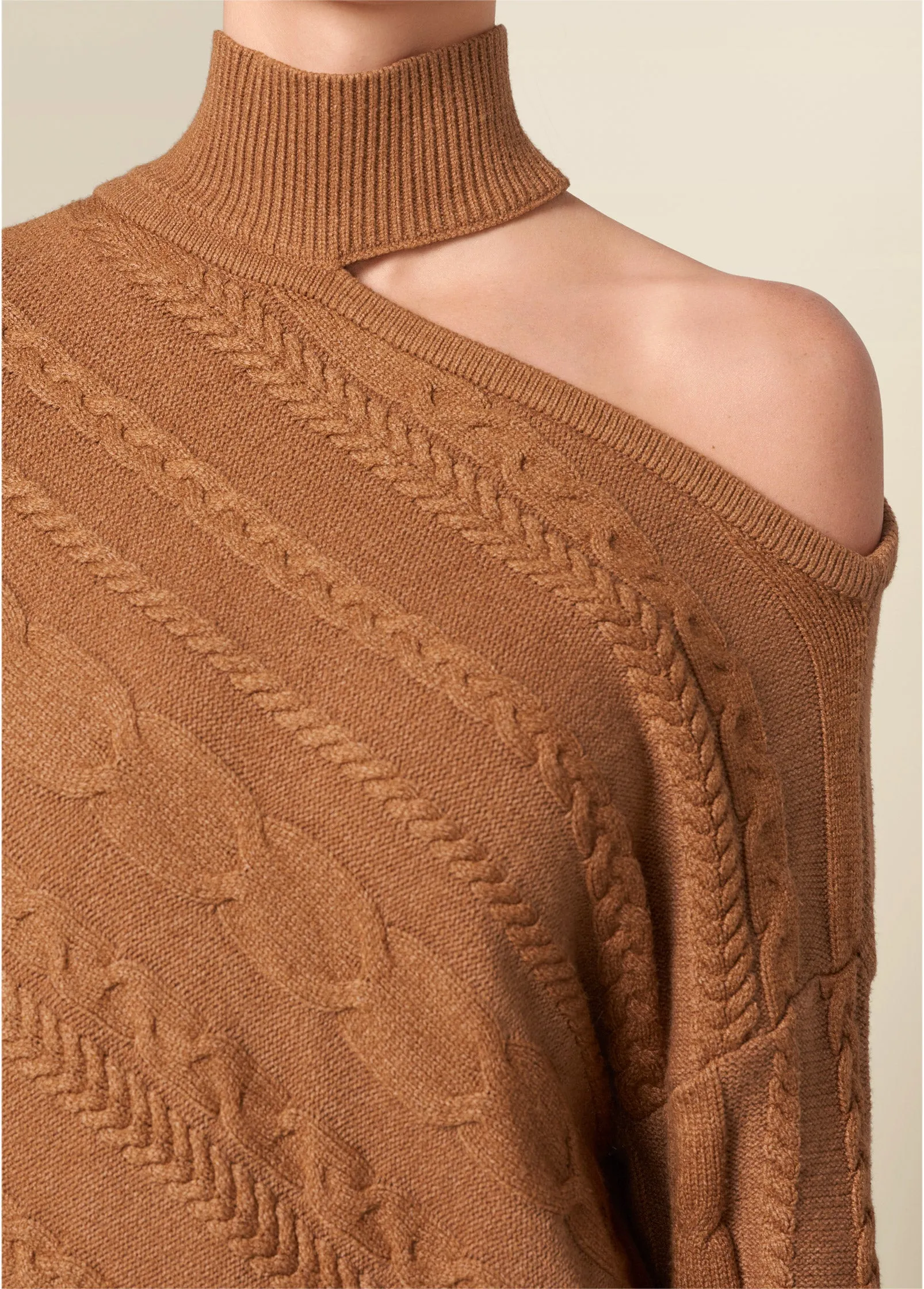 One-Shoulder Turtleneck Sweater - Brown