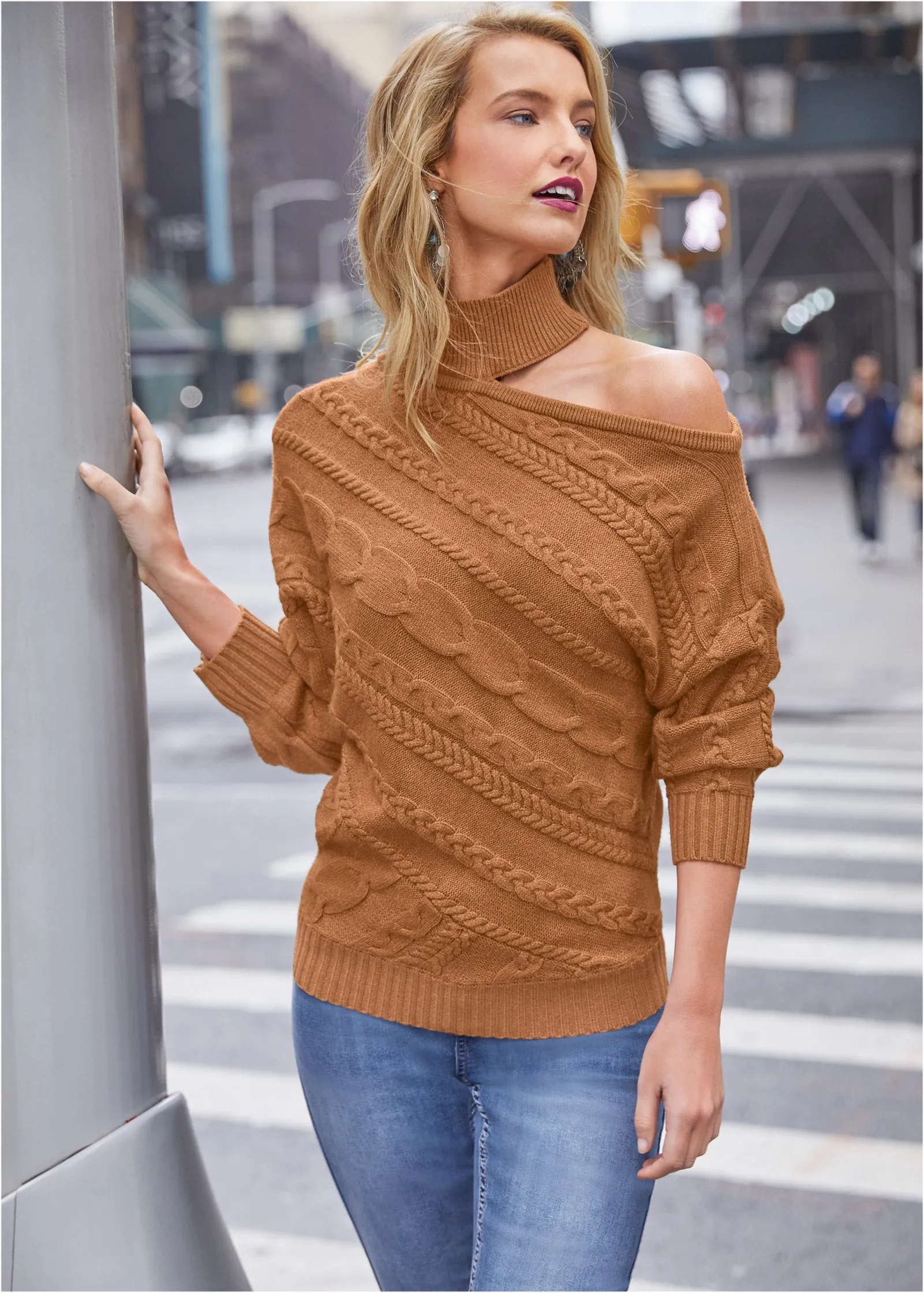 One-Shoulder Turtleneck Sweater - Brown