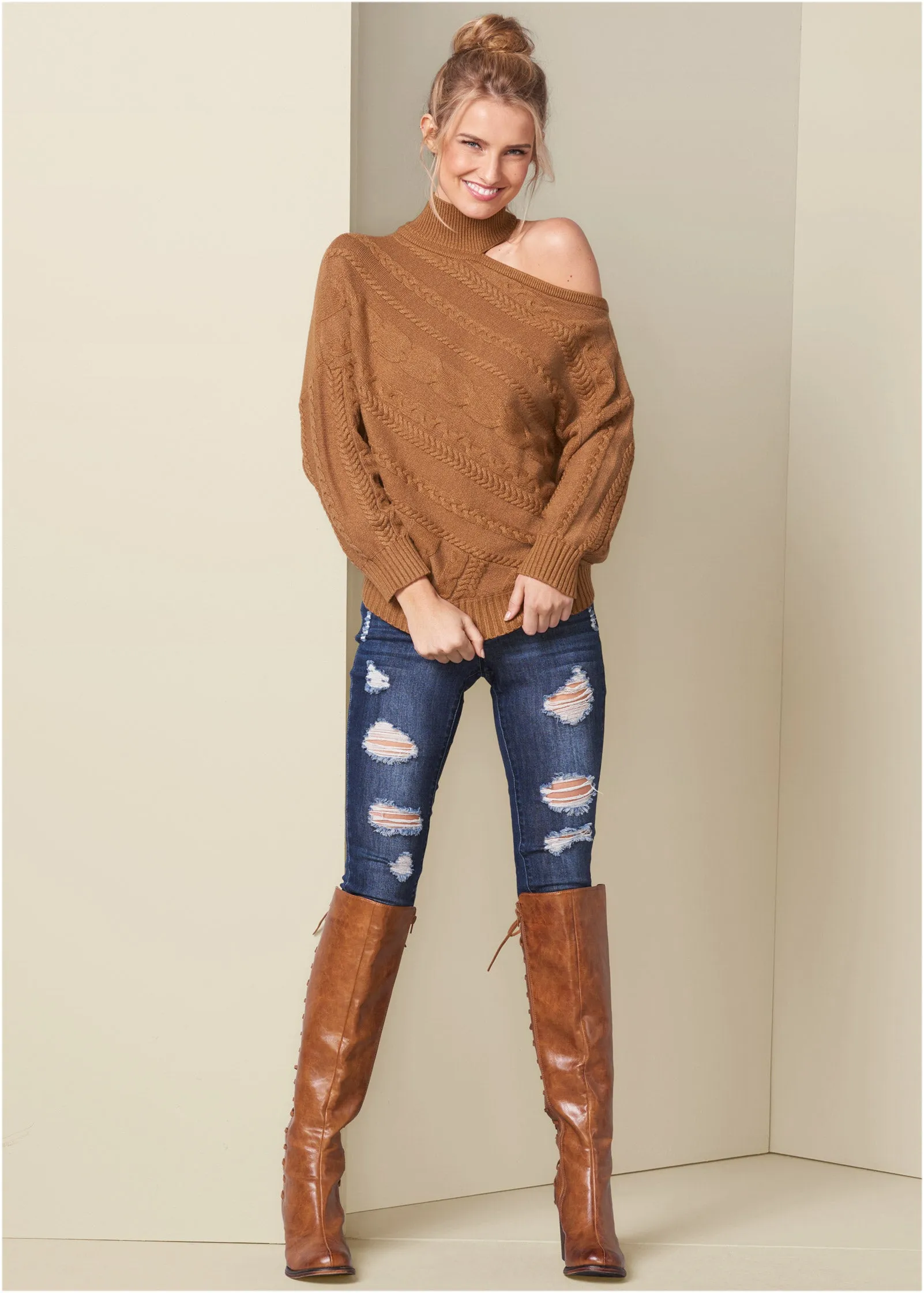 One-Shoulder Turtleneck Sweater - Brown