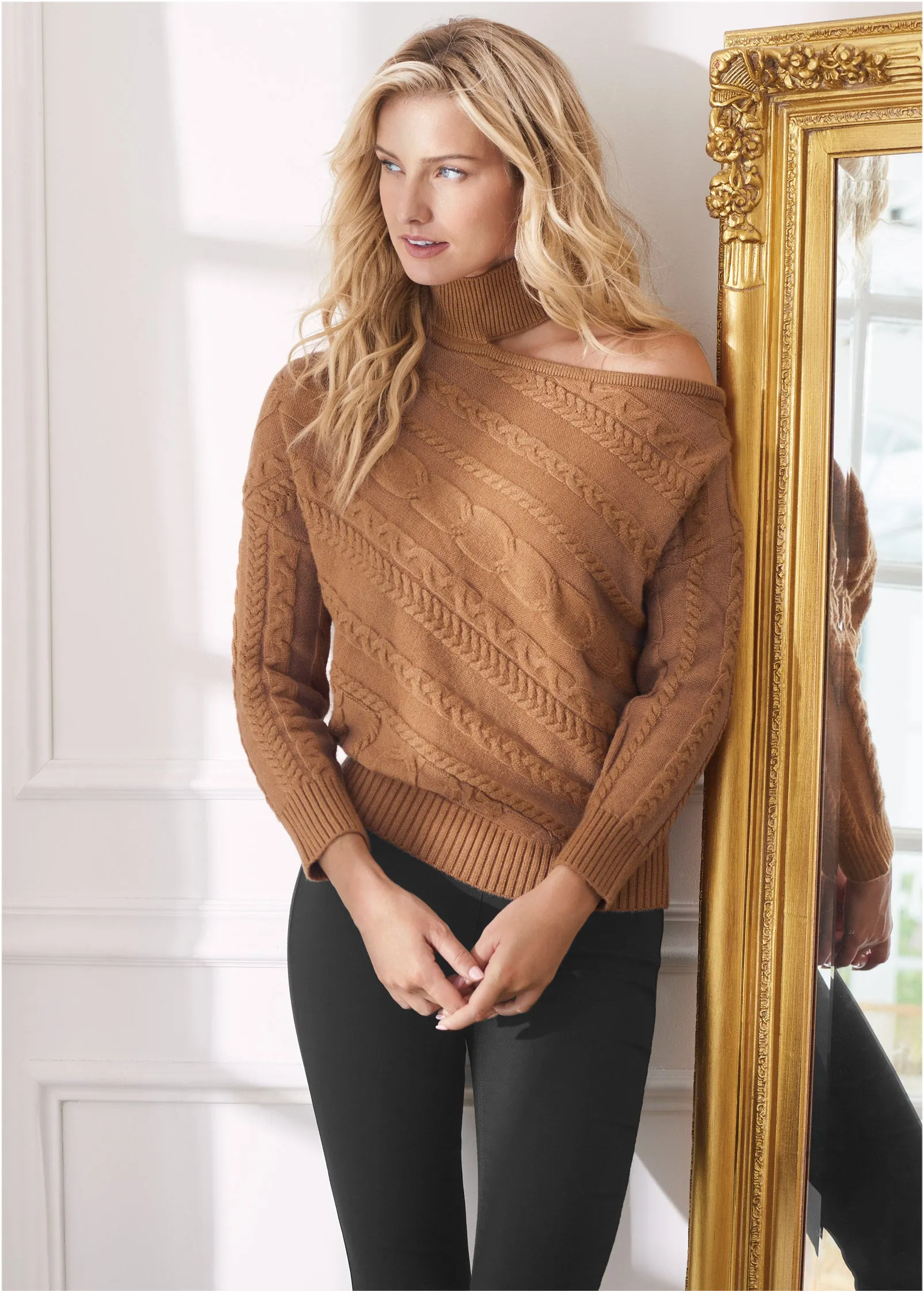 One-Shoulder Turtleneck Sweater - Brown