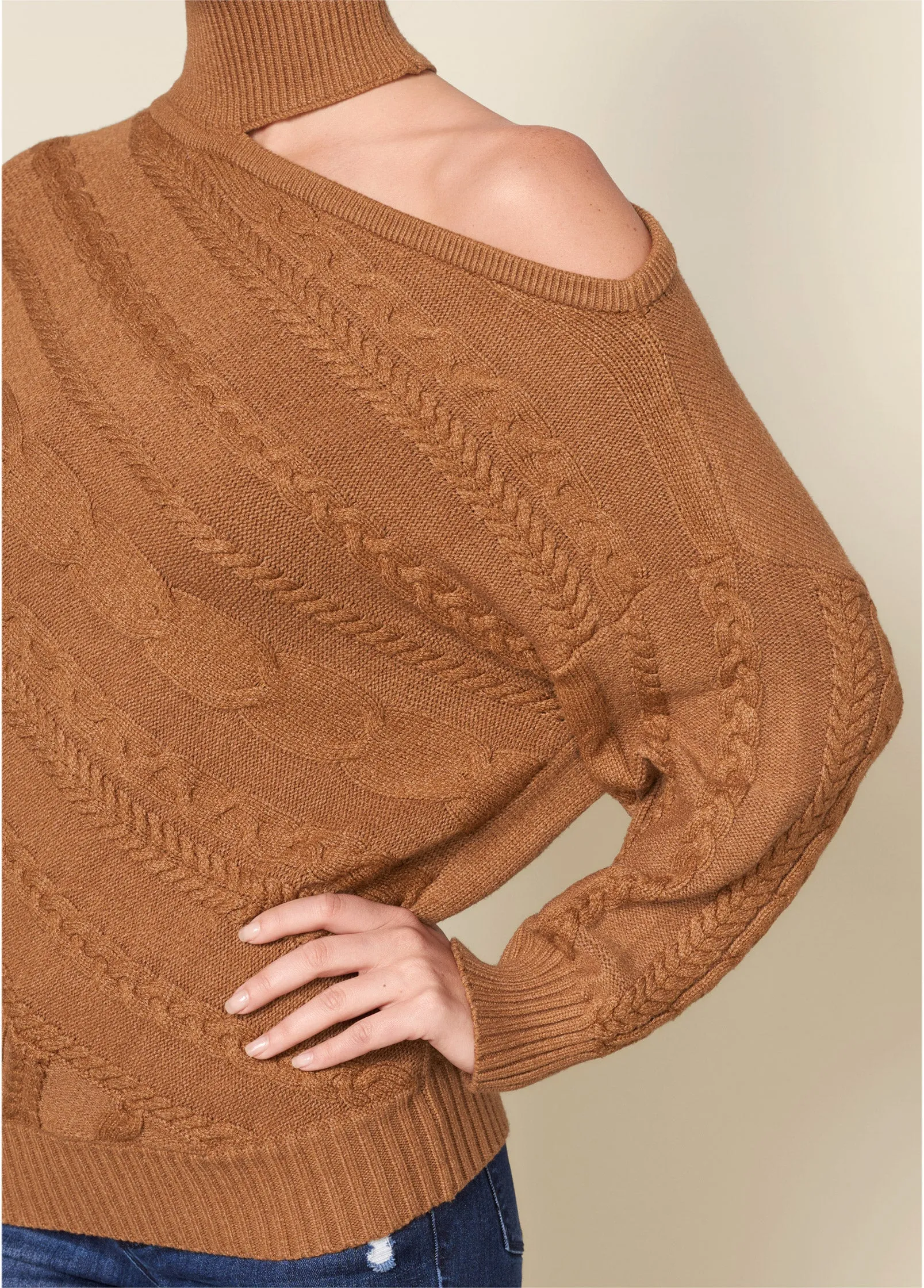 One-Shoulder Turtleneck Sweater - Brown