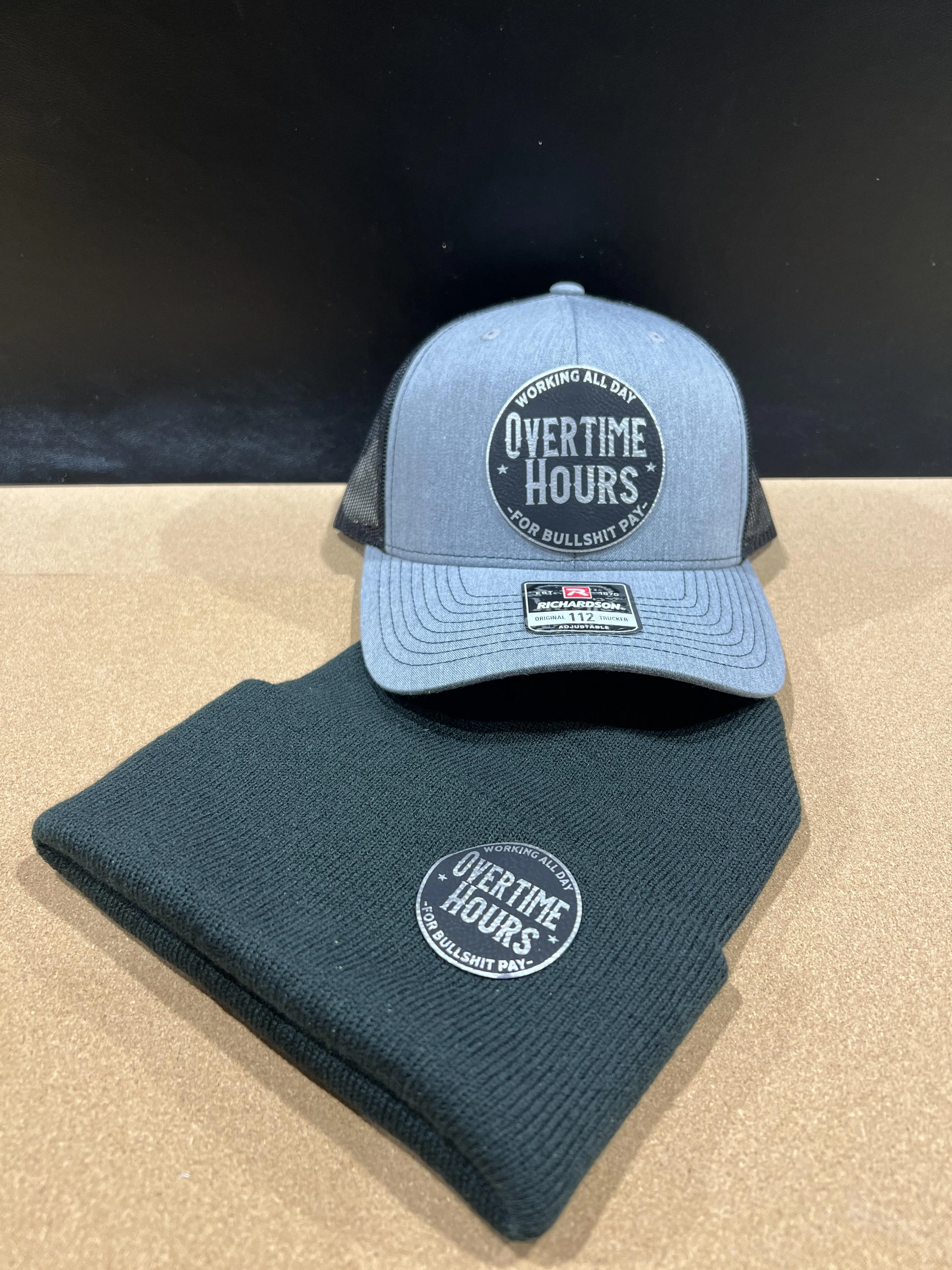 Overtime Hours Patch Hat   Beanie with Same Patch on the Richardson 112 Trucker Hat.