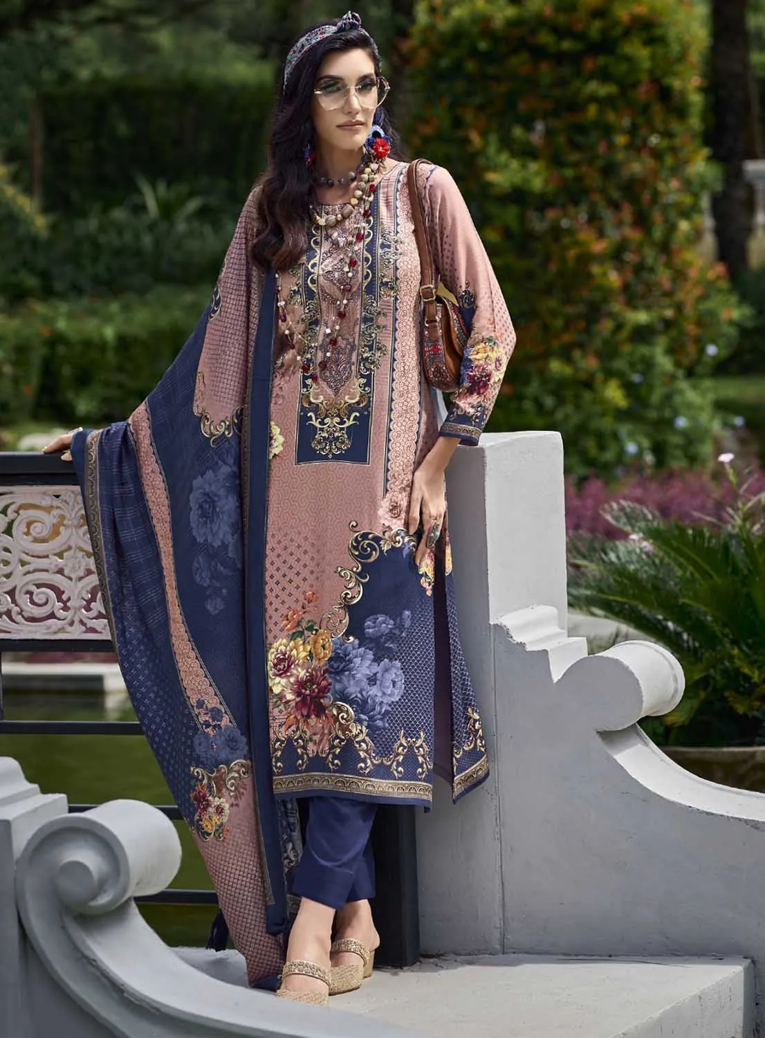 Pakistani Print Pashmina Blue Unstitched Winter Suits for Women