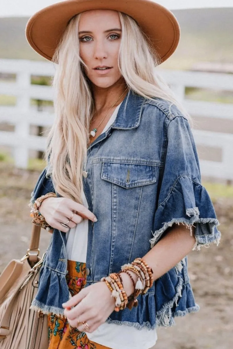 Peacock Ruffled Fringe Denim Jacket