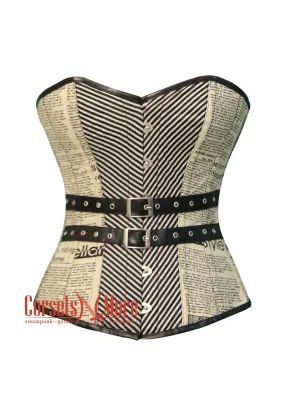 Plus Size Newspaper Print Cotton Satin Retro Bustier Overbust Corset Costume Top