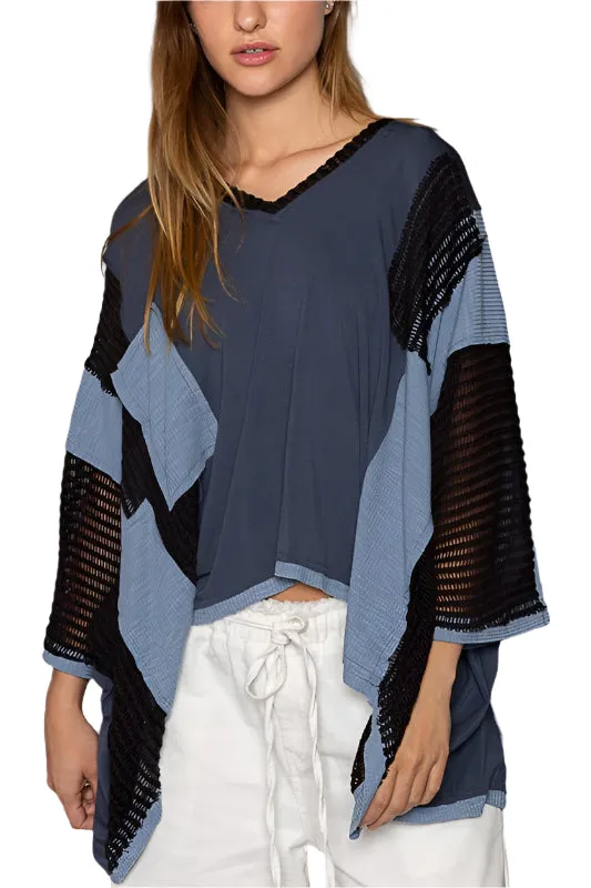 POL High-Low Contrast V-Neck Top