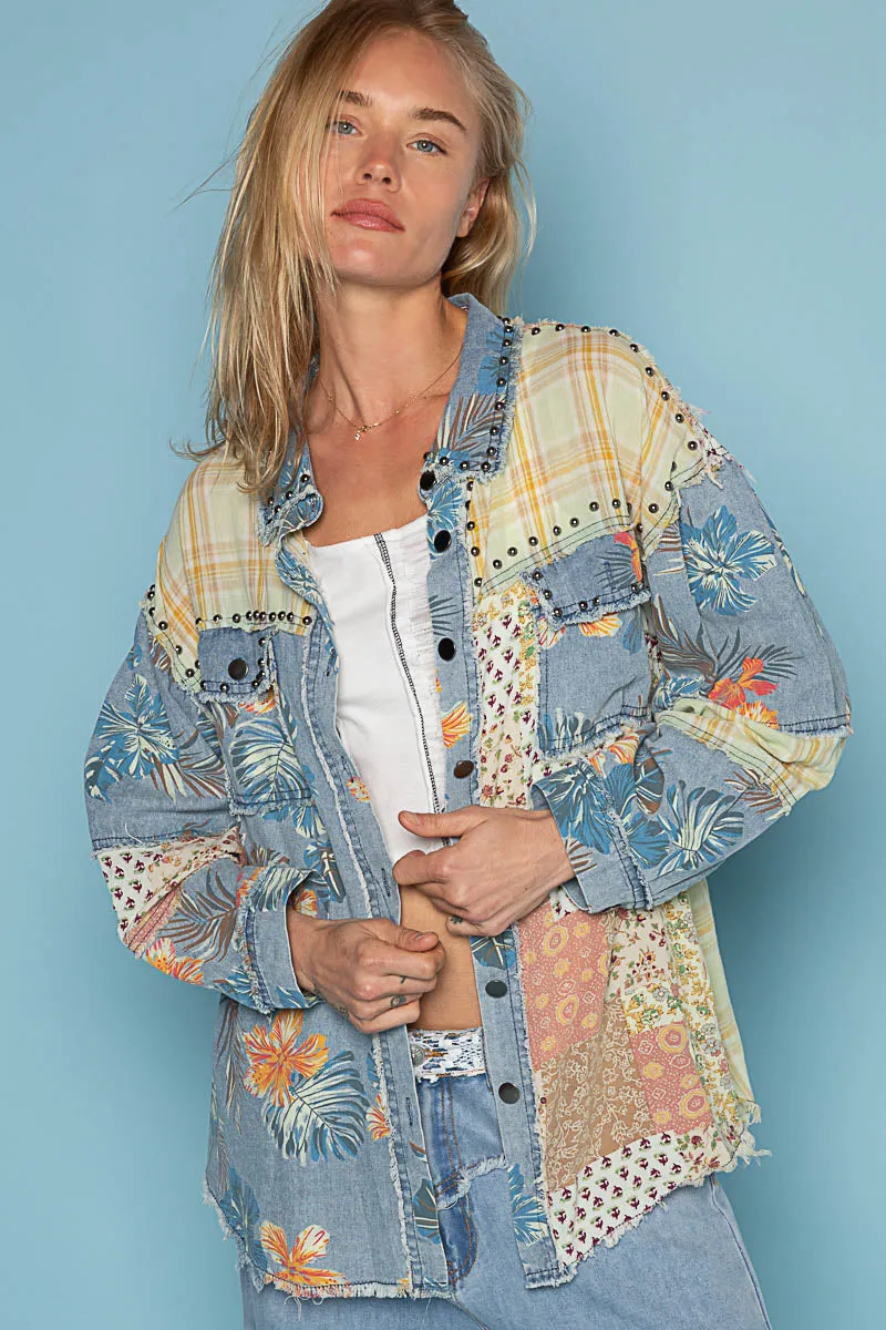 POL Patchwork Print Shacket in Denim Multi